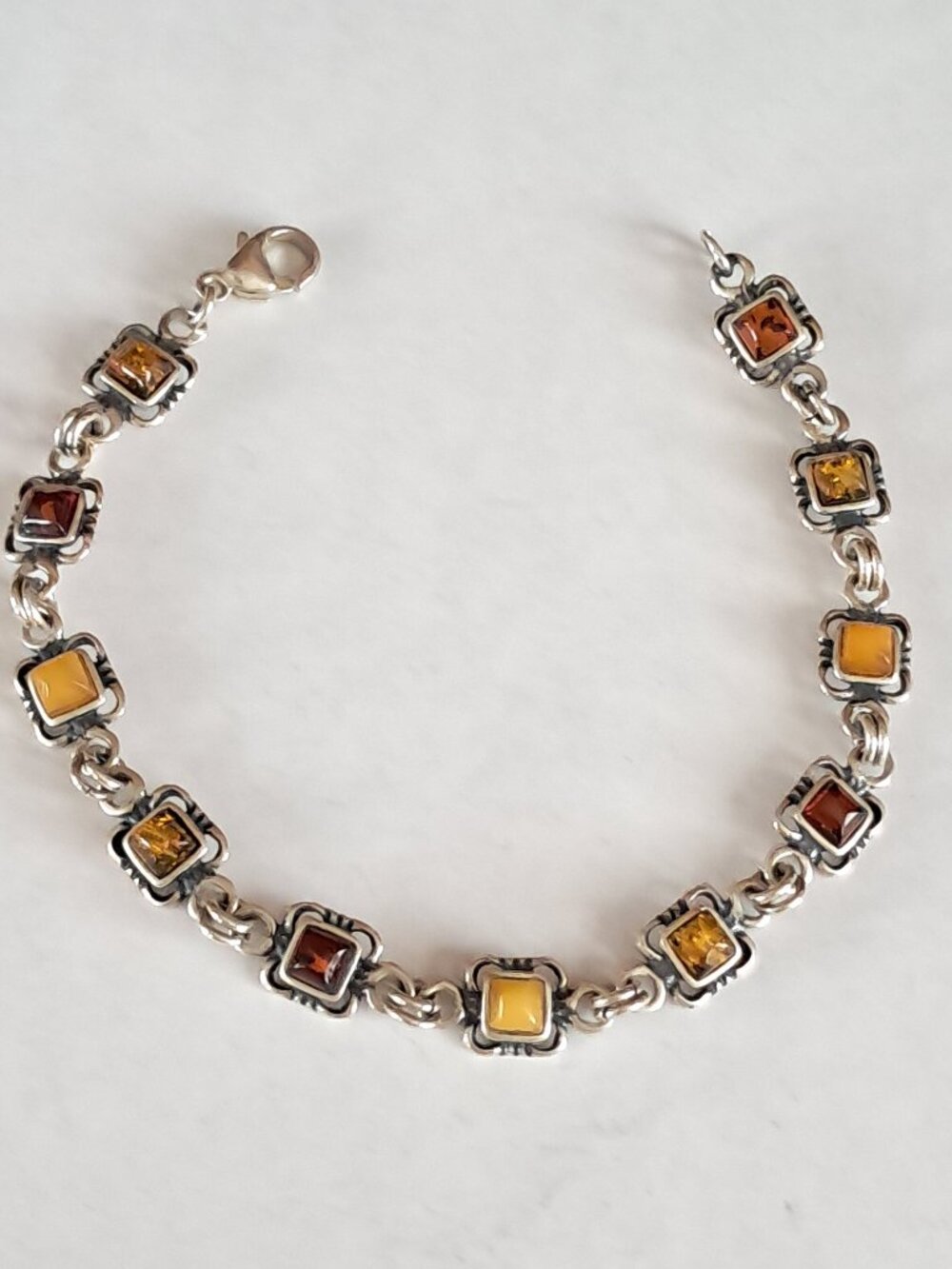 Sterling Silver 925 Multi Color Yellow Baltic Amber Square Link Bracelet